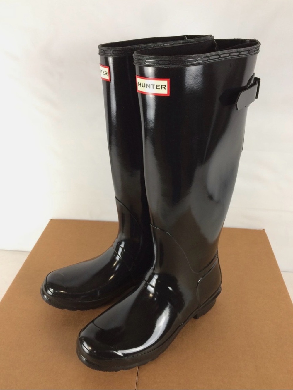 Hunter Black Gloss Tall Women's Rain Boots with Back Buckle - Picture 2 of 7